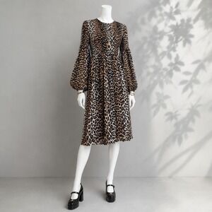 Ganni Printed Georgette Dress S Brown Black Leopard Smocked Long Sleeve